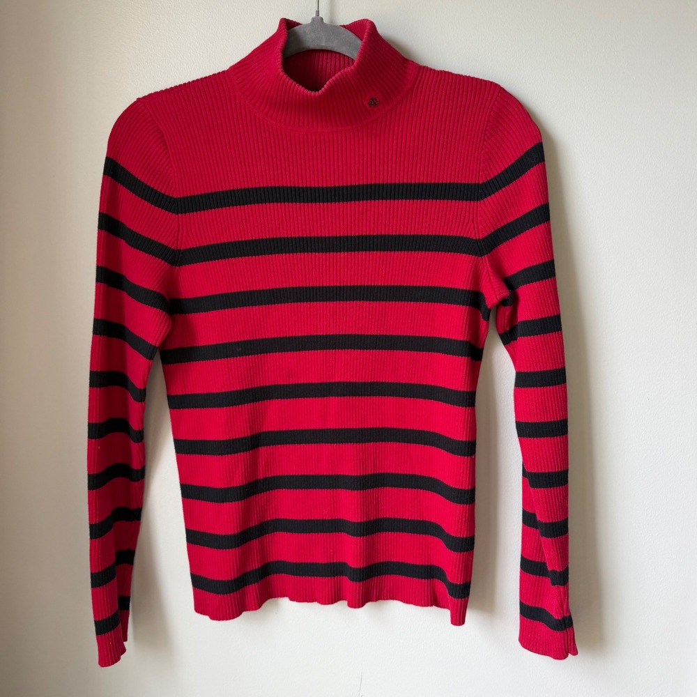 Lauren Ralph Lauren Ribbed Turtleneck Sweater Red Stripe Mock Neck Medium Petite